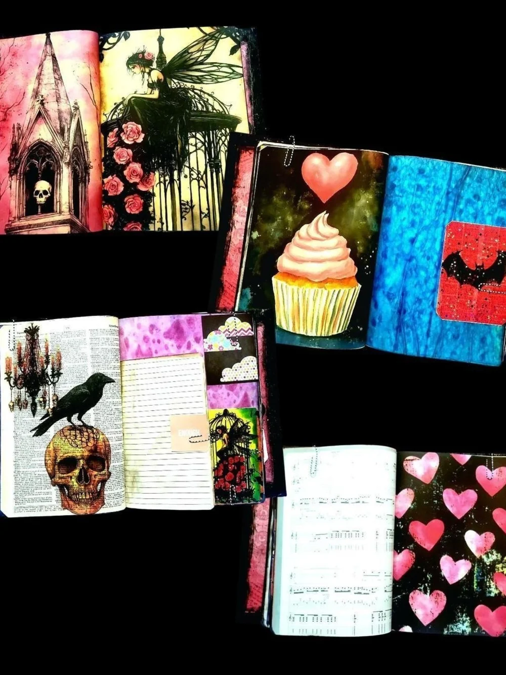 Raven's And Glitter Hot Pink Goth Whimsy Large Art Junk Journal Handmade